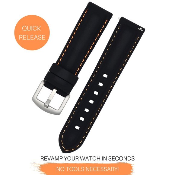 22MM Black Silicone Replacement Watch Band Quick Release Orange Stitching Strap - Picture 2 of 4